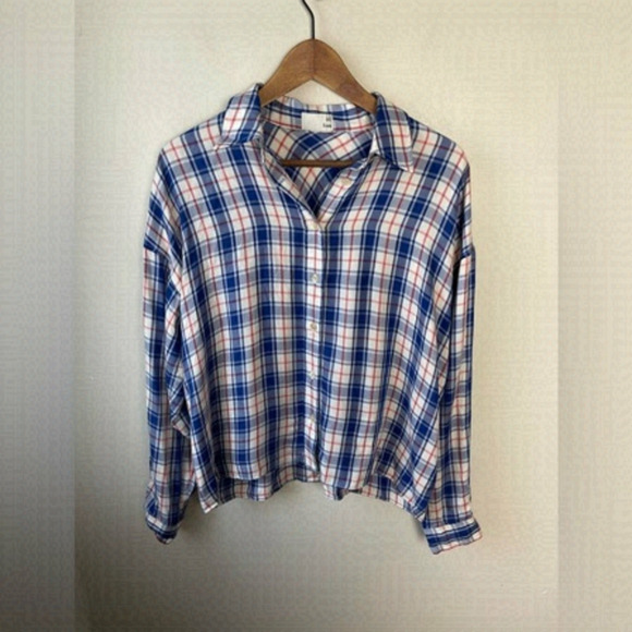 Aritzia Wilfred Free boxy blue/red plaid button up lightweight long sleeve top S - Picture 1 of 9